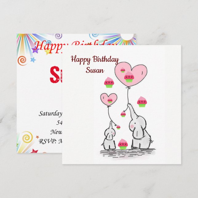 Joyeux Anniversaire Carte Invitation Elephant (Devant / Derrière)
