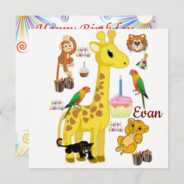 Joyeux Anniversaire Carte Invitation Giraffe Singe (Devant / Derrière)