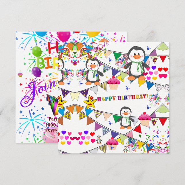 Joyeux Anniversaire Carte Invitation Penguin (Devant / Derrière)
