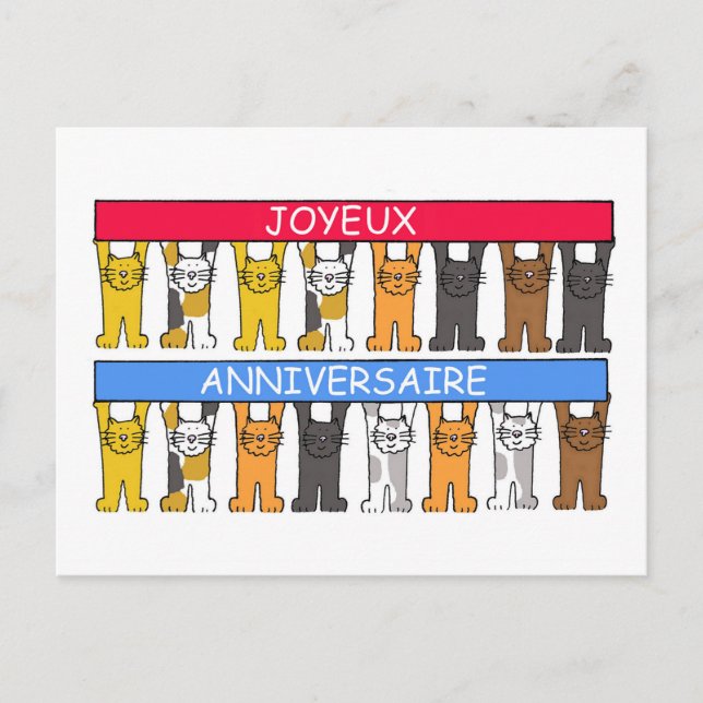 Joyeux Anniversaire Cartoon Cats Happy Birthday Postcard (Front)