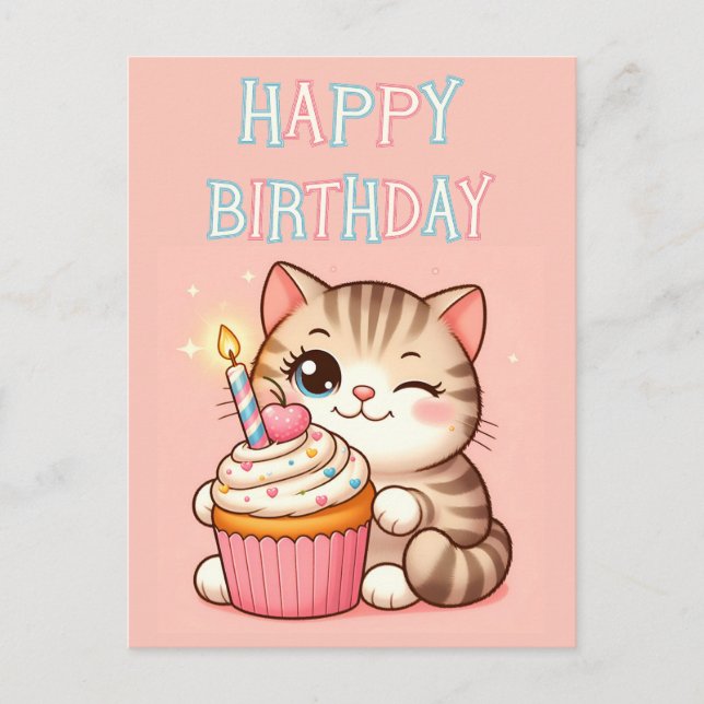 Joyeux anniversaire chaton cupcake Carte postale (Devant)