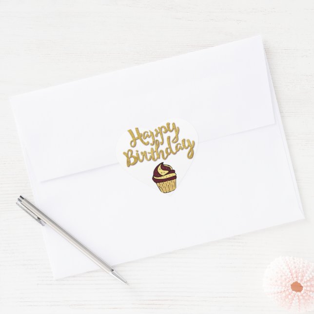 Joyeux Anniversaire Cupcake Coeur Sticker (Enveloppe)