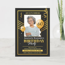 Joyeux anniversaire Gold Black Balloons Invitation
