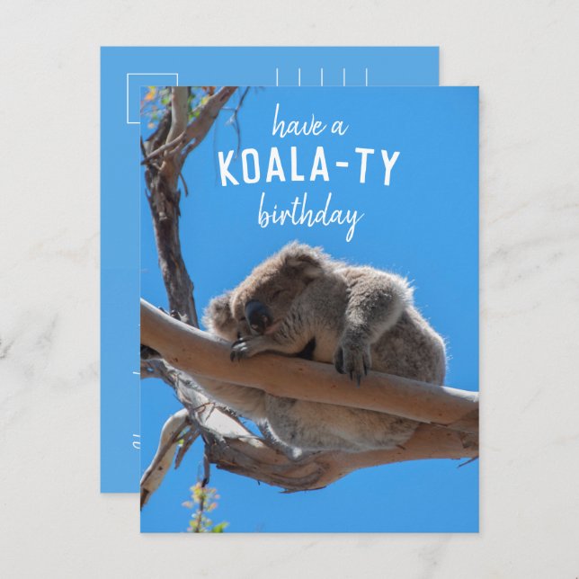 Joyeux anniversaire koala-ty, Carte postale bleue  (Devant / Derrière)