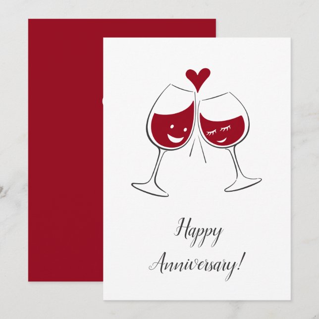 Joyeux anniversaire Mariage Carte de coeur de vin  (Devant / Derrière)