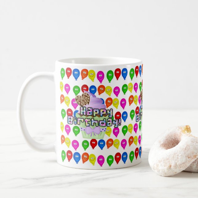 Joyeux Anniversaire Mug Ballons colorés Cupcake (Avec donut)