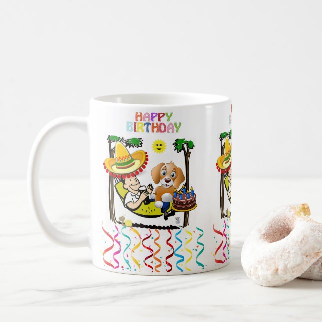Joyeux Anniversaire Mug Man Chien Sombrero (Avec donut)