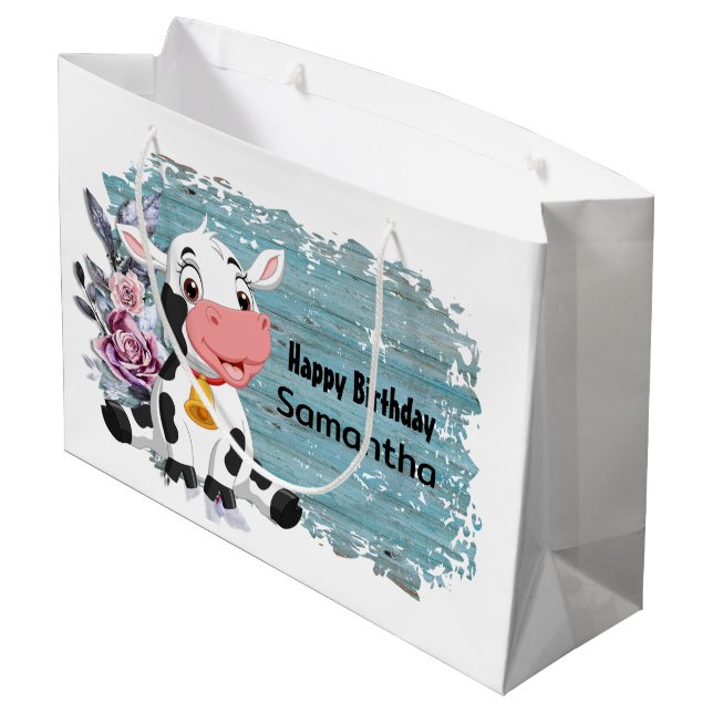 Joyeux Bébé Vache Rustique Bleu Grand Sac Cadeau (Dos Angle)
