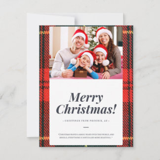 joyeux carte de noël avec photo plaid rouge et ver