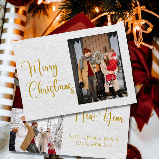 Joyeux Carte photo de famille de Noël Gold Script