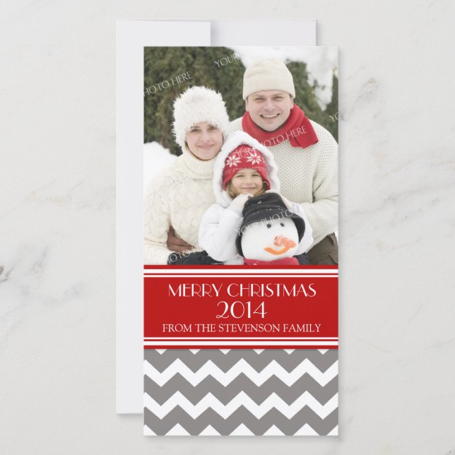 Joyeux Carte photo de Noël Red Grey Chevron (Devant)