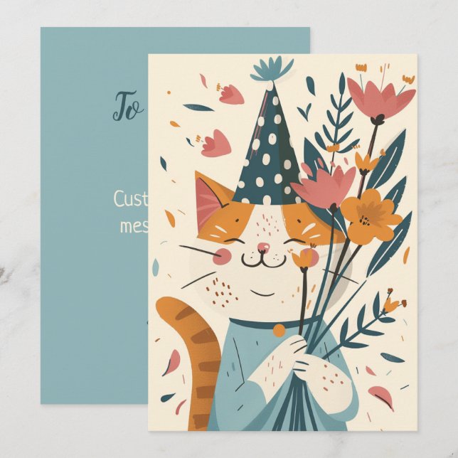 Joyeux Chat D'Anniversaire Avec Carte Fleurs (Devant / Derrière)