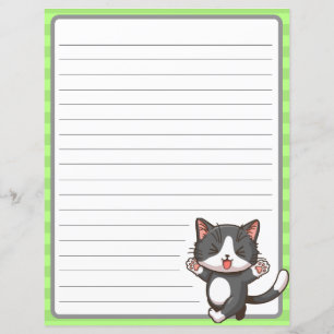 Joyeux chat gris sur papier bordé de vert,
