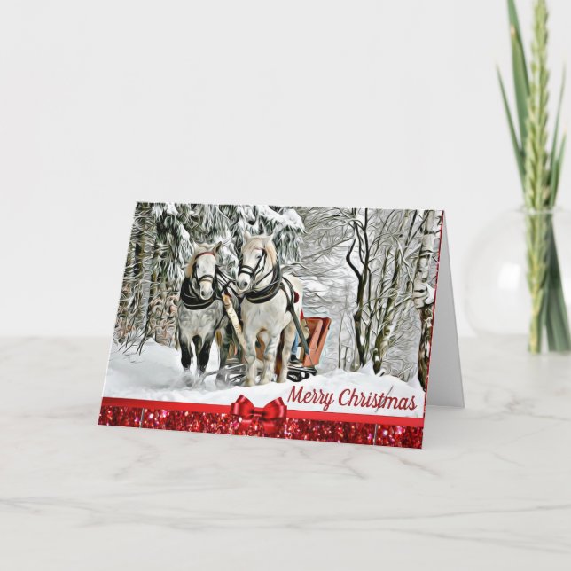 Joyeux Chevaux de Noël tirant carte de traîneau (Devant)