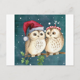 Joyeux Chouettes de Noël Carte d'aquarelle Neige d