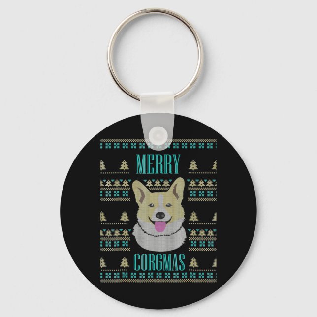 Joyeux Corgmas Ugly Christmas Corgi Keychain (Front)
