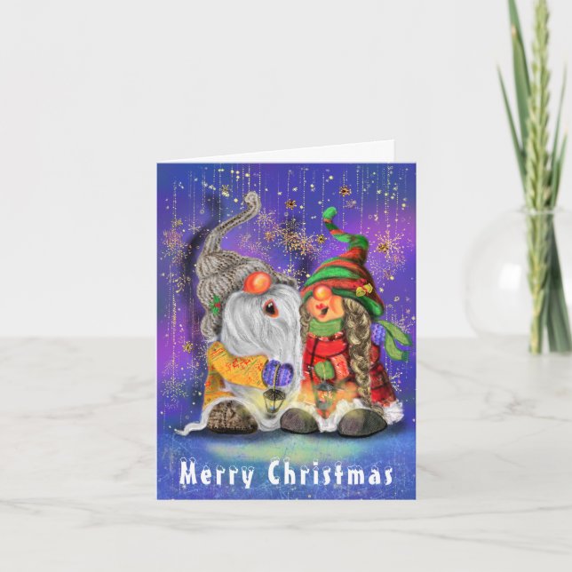 Joyeux Couple Gnomes chantant la carte de Noël (Devant)