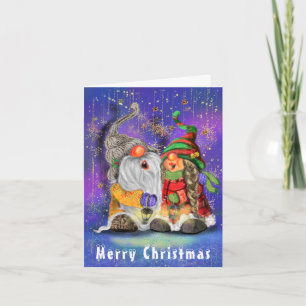 Joyeux Couple Gnomes chantant la carte de Noël