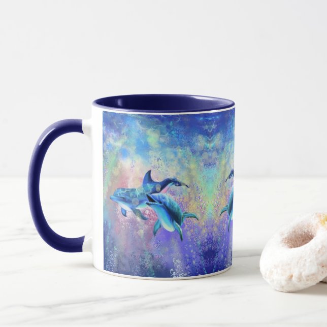 Joyeux Dolphin Couple Mug - Peinture - Famille (Avec donut)