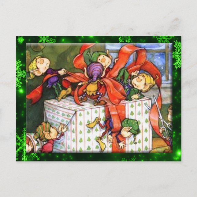 Joyeux elfes envelopper la carte postale actuelle (Devant)