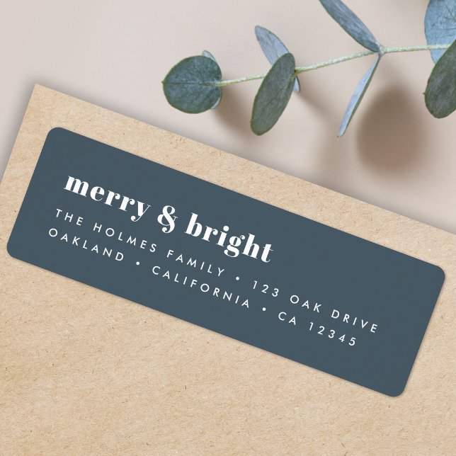 Joyeux et lumineux | Moderne Xmas Dusky Smoke Blue (Personalize your envelopes with this bold smoke blue Christmas label)