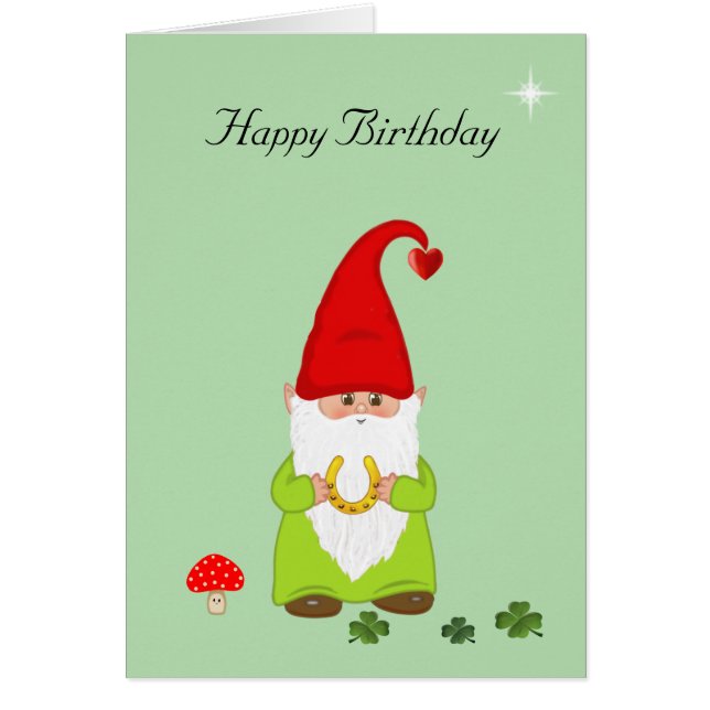 Joyeux Gnome avec fer à cheval sur carte d'anniver (Devant)