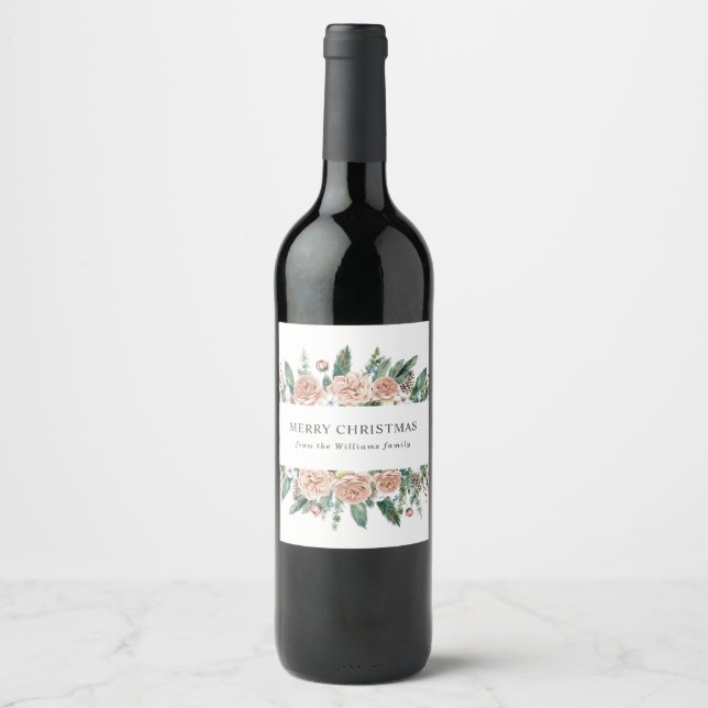 Joyeux hiver floral moderne étiquette de vin de no (Devant)