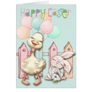 Joyeux lapin et canard de Pâques avec ballons
