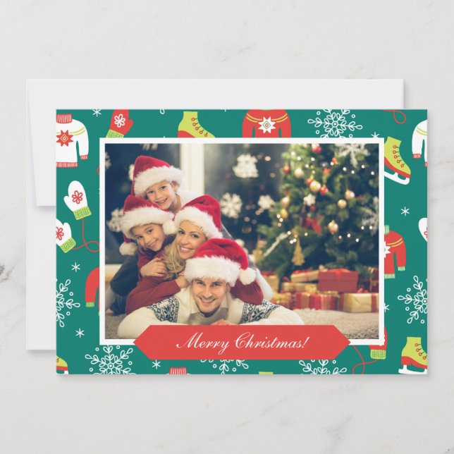 Joyeux Motif de Noël Famille Photo Turquoise Carte (Devant)