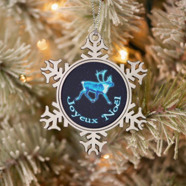 Joyeux Noёl - Blue Caribou (Reindeer) Snowflake Pewter Christmas Ornament (Tree)