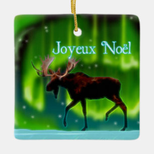 Joyeux Noёl - Northern Lights Moose Ceramic Ornament