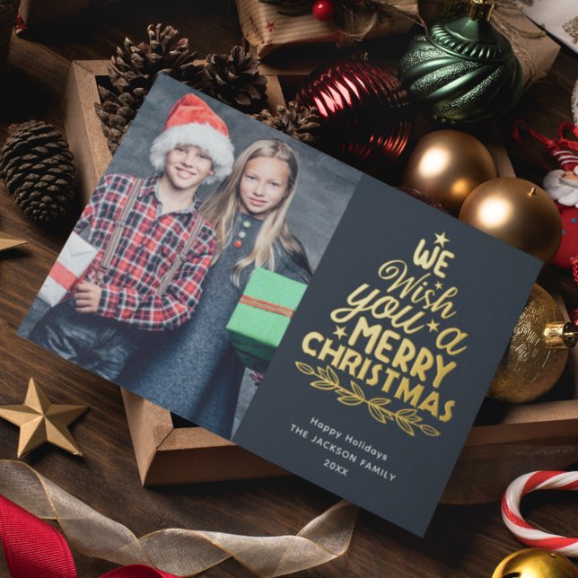 Joyeux Noël 3 photos famille Foil Carte de vacance (Créateur téléchargé)