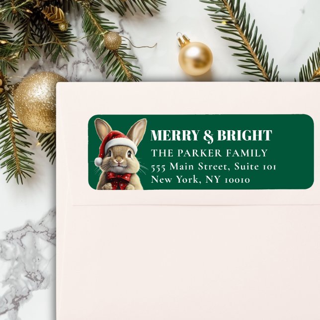 Joyeux Noël! Adorable, Lapin, Santa Hat (MERRY & BRIGHT! Adorable, Rabbit With Red Santa Hat and Ribbon, Green Address Return Labels.)