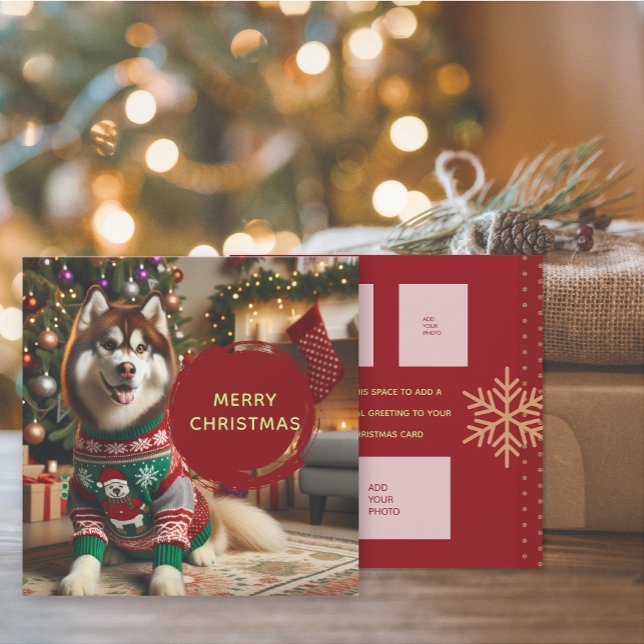 Joyeux Noël Ajouter Jusqu'À 4 Photos Carte De Voeu (The front and back of the Siberian Husky Christmas Holiday photo greeting card)