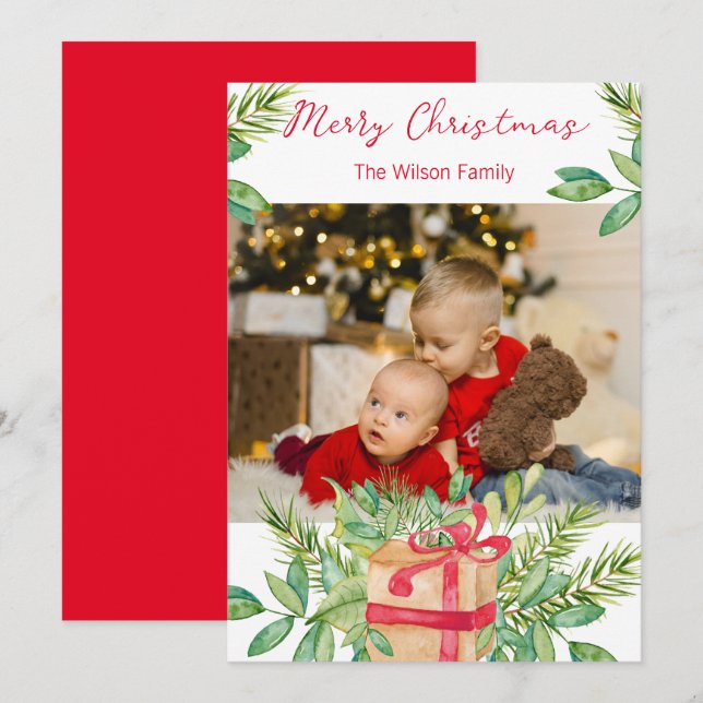 Joyeux Noël Aquarelle Pine Carte photo de famille (Devant / Derrière)