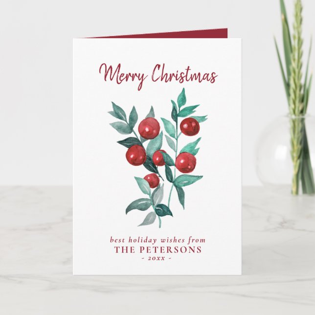 Joyeux Noël Aquarelle Rouge Berries Carte (Devant)