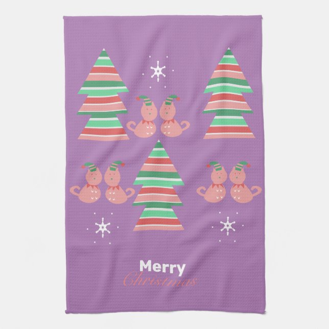 Joyeux Noël Arbre Chat Motif Serviette de cuisine (Vertical)