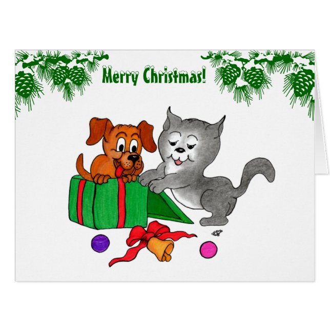 Joyeux Noël avec chat et chiot (Devant horizontal)