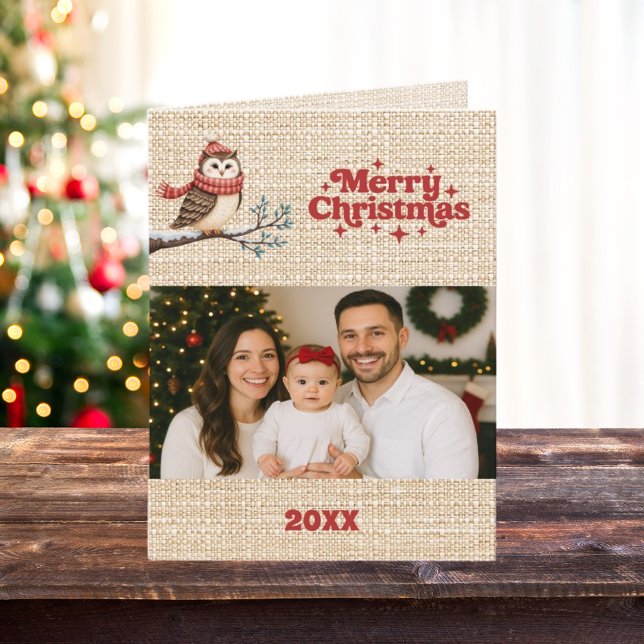 Joyeux Noël beige burlap rétro hibou carte photo (Créateur téléchargé)