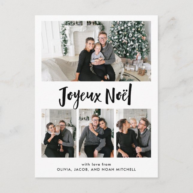 Joyeux Noel | Black and White Multi Photo Grid Holiday Postcard (Front)