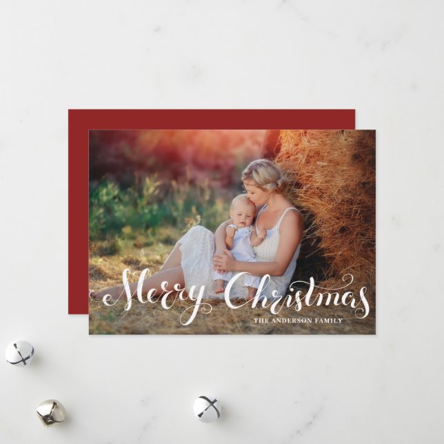 Joyeux Noël blanc Script Carte photo de vacances (Devant/Arrière en situation)