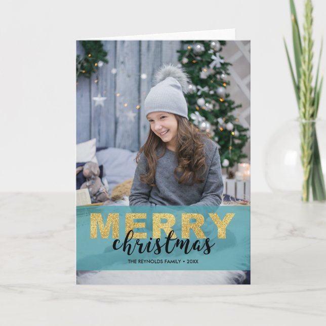 Joyeux Noël bleu or moderne - Carte photo (Devant)