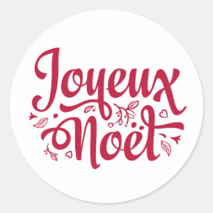 Joyeux Noel calligraphy typography red white fancy Classic Round Sticker