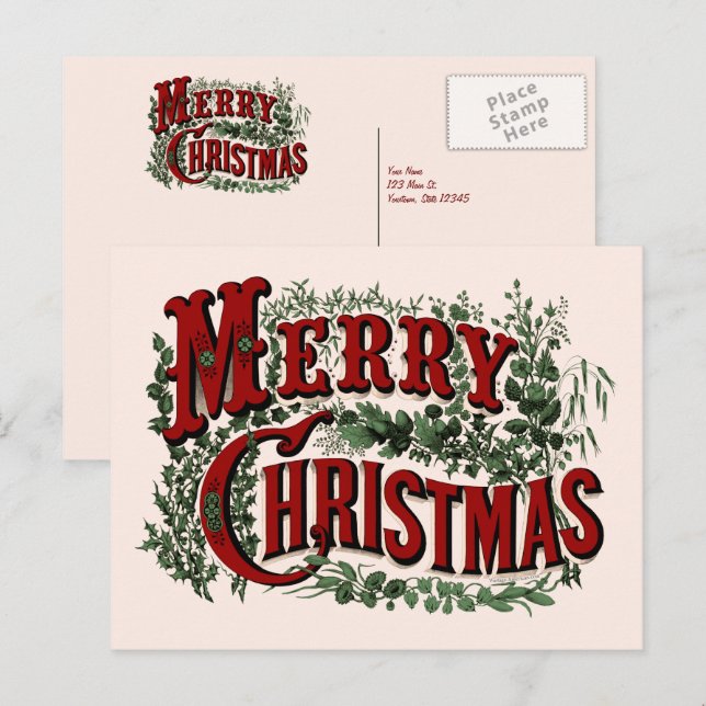 Joyeux Noël - Carte postale rouge et verte (Devant / Derrière)