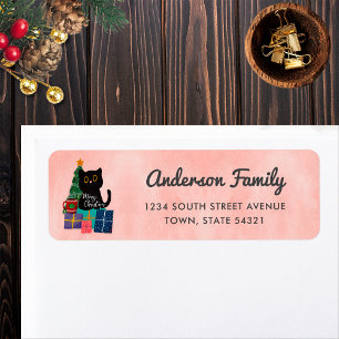 Joyeux Noël Chat Noir Mignon Adresse de Retour Ros