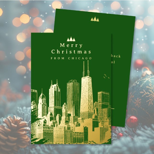Joyeux Noël Chicago Green Foil Carte de vacances (Merry Christmas Chicago Green Foil Holiday Card (front and back))