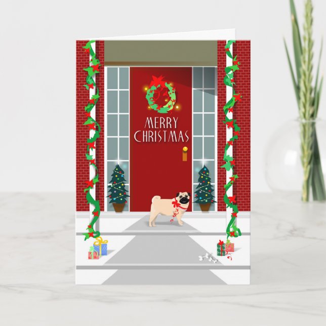 Joyeux Noël - chien de carlin à la porte - carte (Devant)