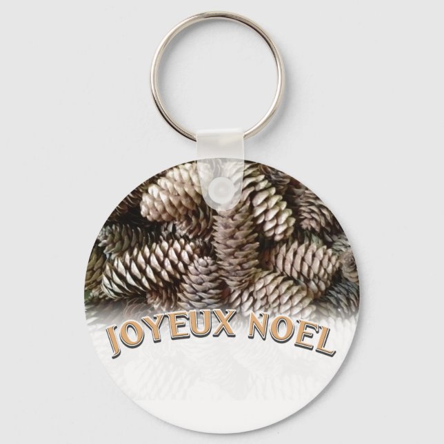Joyeux Noel Christmas Holiday Pine Cone Keychain (Front)