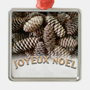 Joyeux Noel Christmas Holiday Pine Cone Metal Ornament