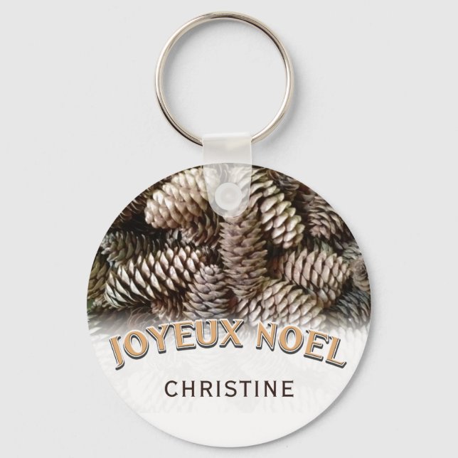 Joyeux Noel Christmas Holiday Pine Cone Name Keychain (Front)